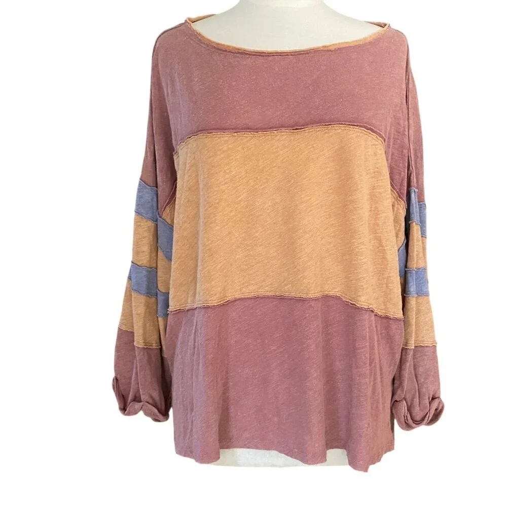 Free People We The Free Linen Oversized Colorblock Raw Hem Top Boho Grunge-S